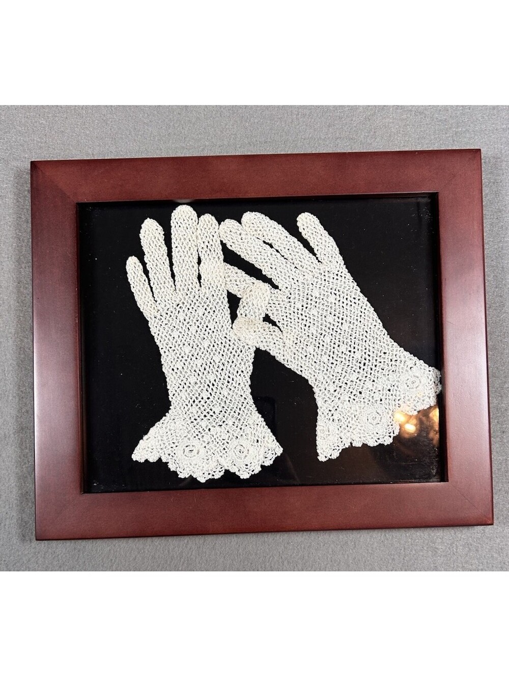Vintage Wooden Framed Crochet Child’s Gloves 10x12 Cottagecore Grandma